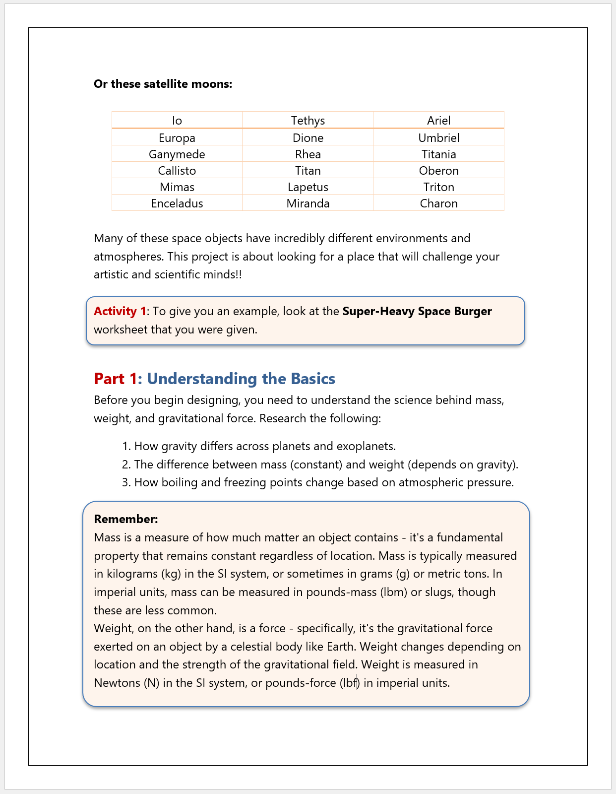 Activity 1 sample page explaining mass, weight and gravitational force