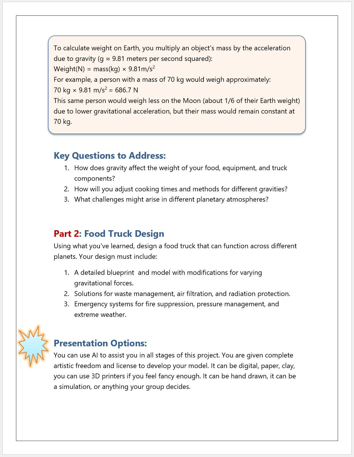 Sample page showing weight calculations and food truck design tasks