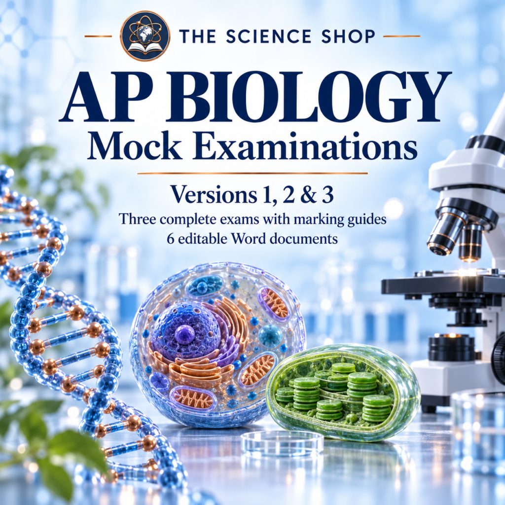 The Science Shop AP Biology Mock Examinations cover, Versions 1, 2 and 3, with six editable Word documents