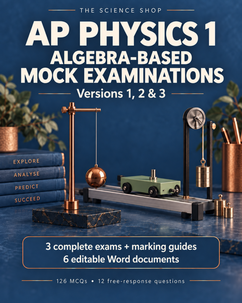 The Science Shop AP Physics 1 mock examinations, Versions 1, 2 and 3, navy and copper cover