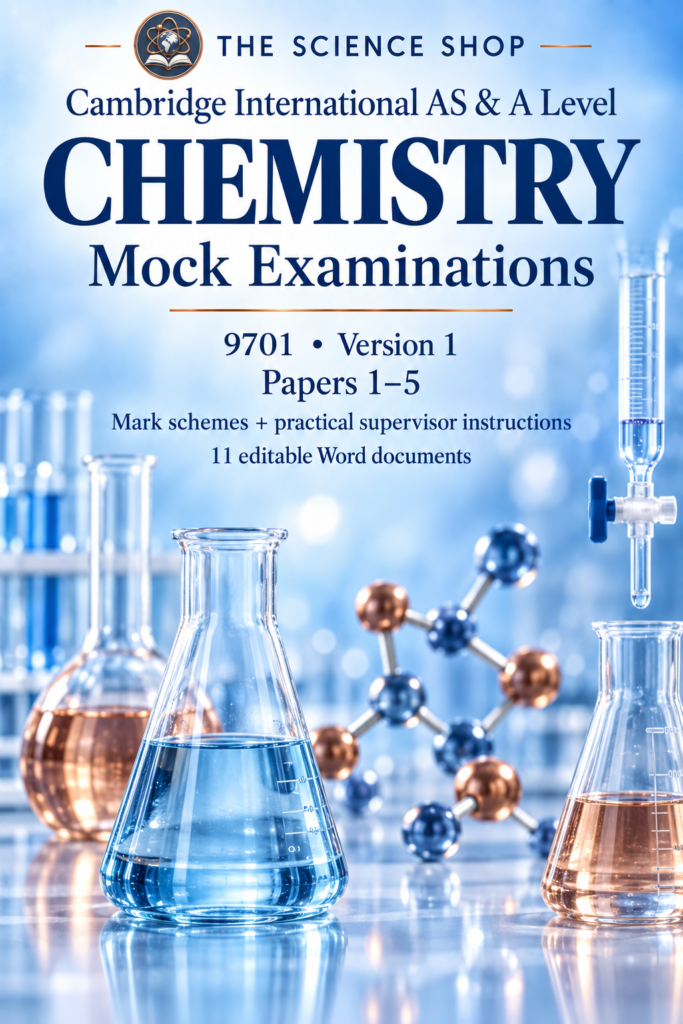 Professional blue cover with The Science Shop logo for Cambridge AS & A Level Chemistry 9701 Mock Examinations, Papers 1–5, Version 1