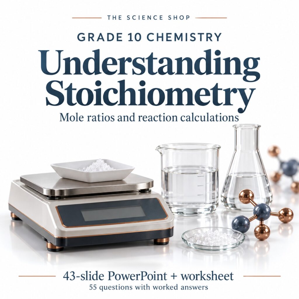 Understanding Stoichiometry: Grade 10 Chemistry presentation and worksheet cover