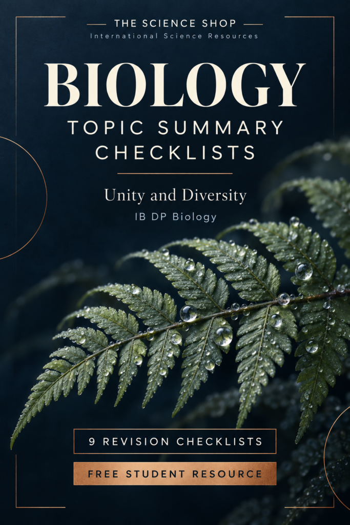 The Science Shop Biology Topic Summary Checklists cover, Unity and Diversity, nine revision checklists, free student resource