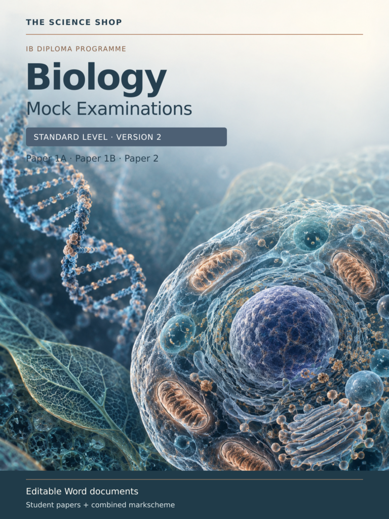 The Science Shop Biology mock examination cover: Standard Level, Version 2, Papers 1A, 1B and 2.