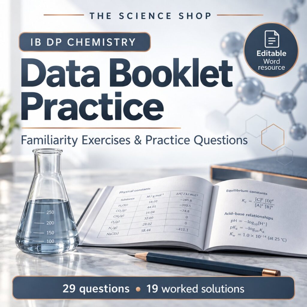 IB DP Chemistry Data Booklet Practice: editable Word resource with 29 questions and 19 worked solutions