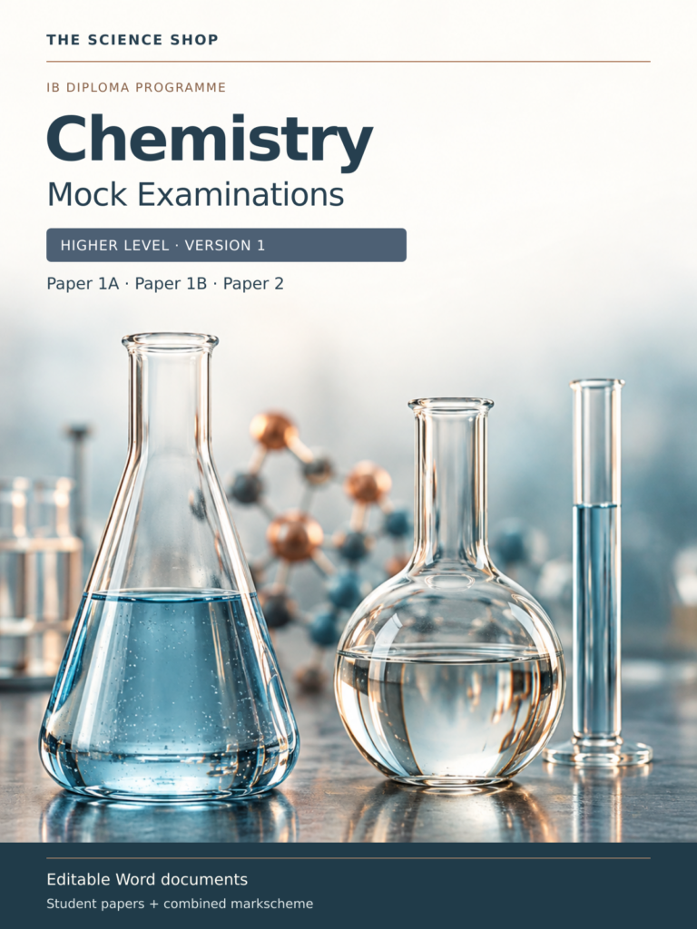 The Science Shop Chemistry mock examination cover: Higher Level, Version 1, Papers 1A, 1B and 2.