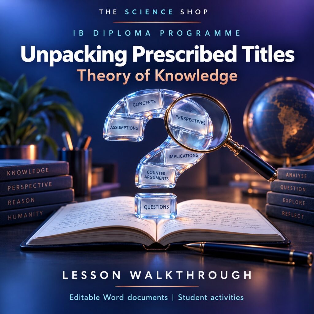 Unpacking Prescribed Titles TOK lesson cover with original conceptual artwork.