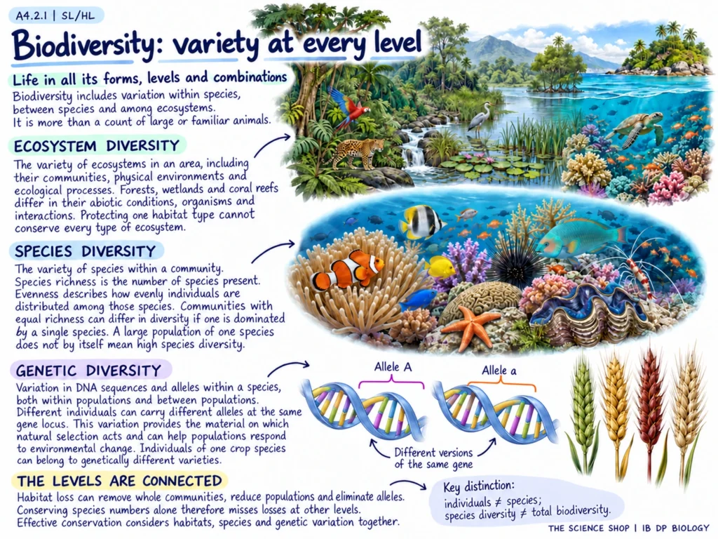 Colorful ecosystems, coral reef species and DNA illustrating three levels of biodiversity.