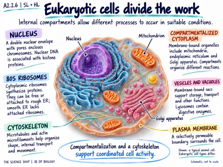 Detailed eukaryotic animal cell with labeled nucleus, mitochondria, Golgi apparatus and membrane.