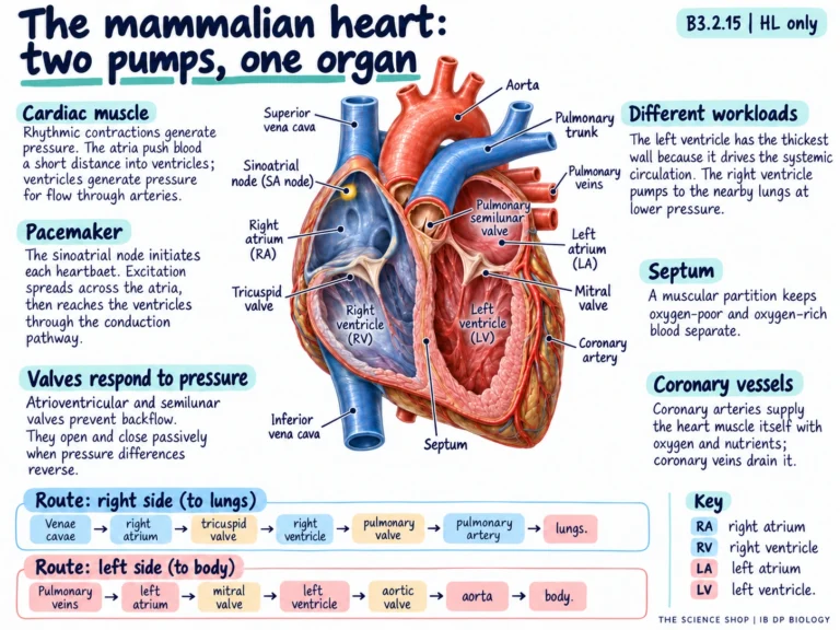 Mammalian heart cutaway showing four chambers, major vessels and blood-flow routes.