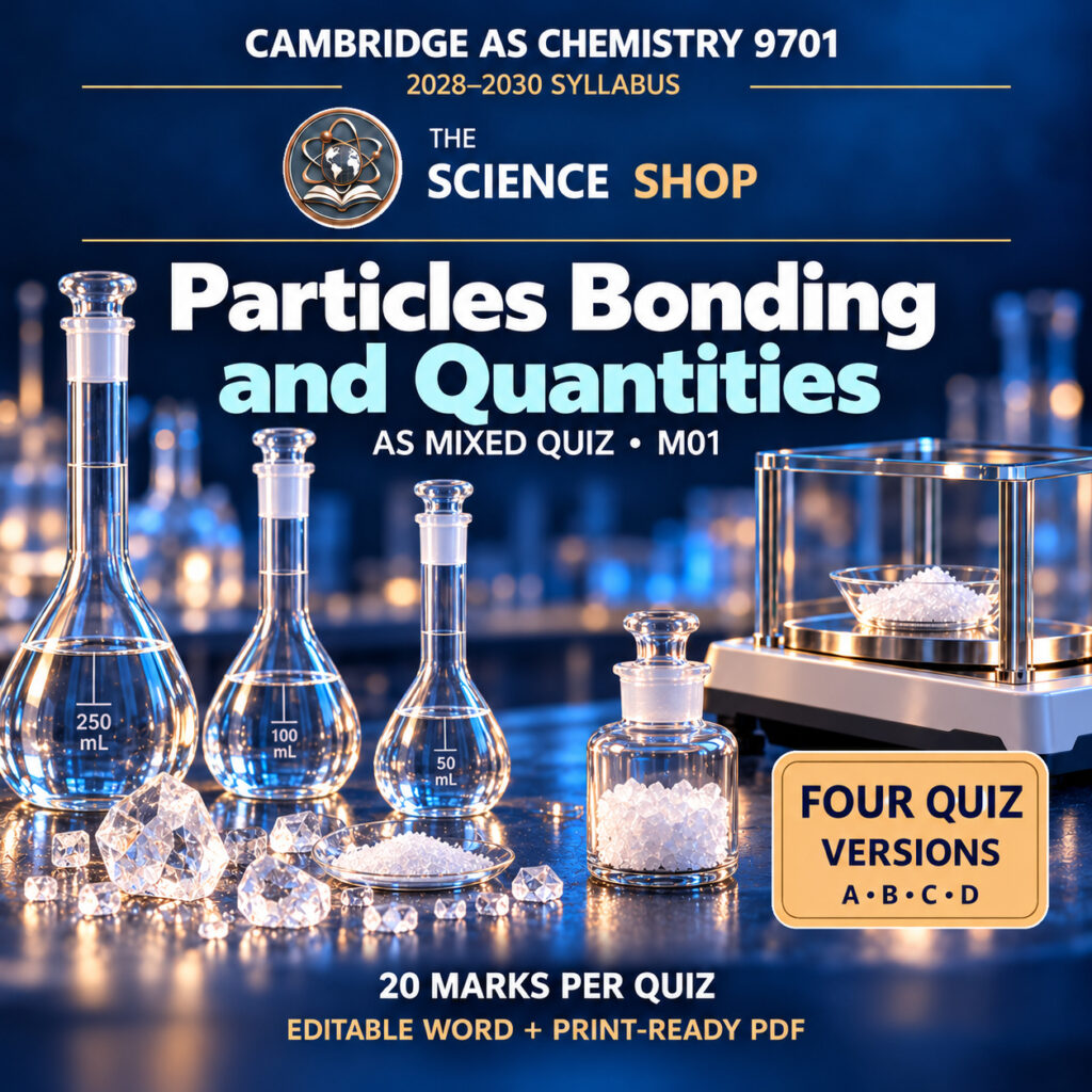 Particles Bonding and Quantities Chemistry 9701 M01 cover: four original quiz versions, Science Shop branding.