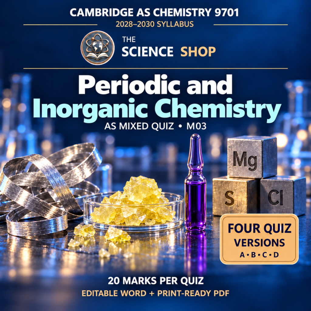 Periodic and Inorganic Chemistry Chemistry 9701 M03 cover: four original quiz versions, Science Shop branding.