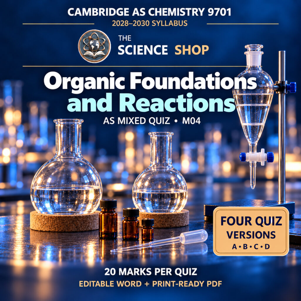 Organic Foundations and Reactions Chemistry 9701 M04 cover: four original quiz versions, Science Shop branding.
