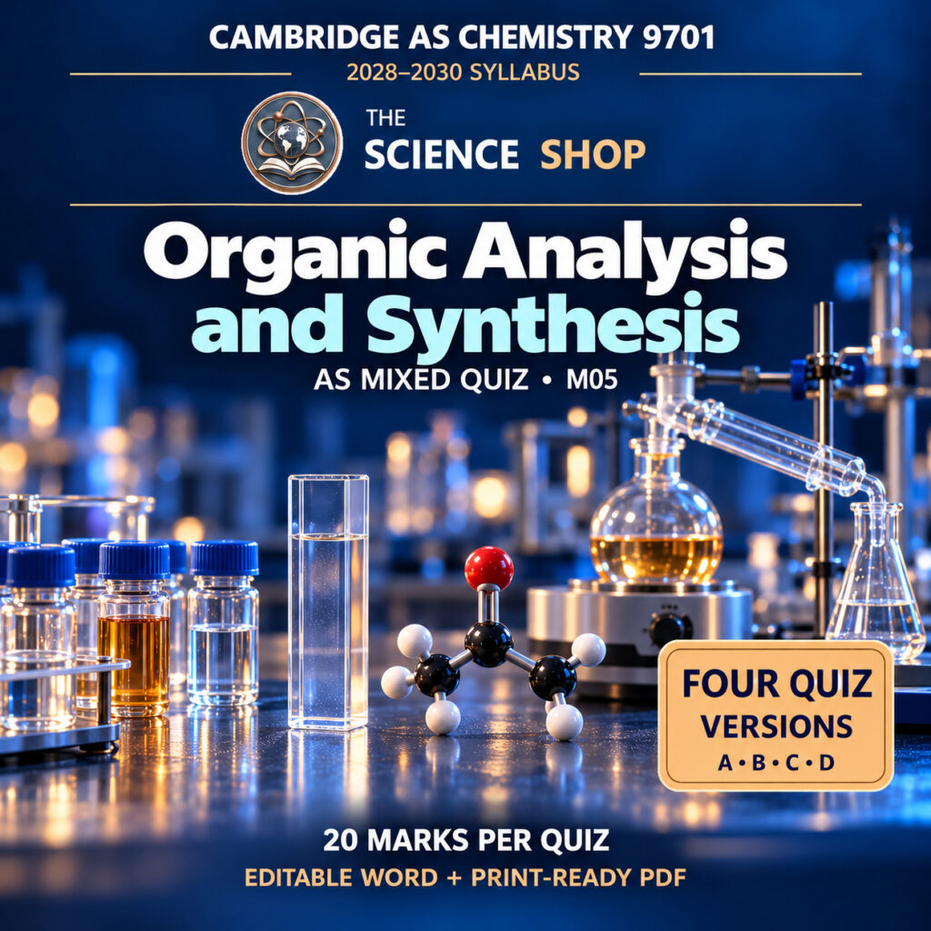 AS Organic Analysis and Synthesis Chemistry 9701 M05 cover: four original quiz versions, Science Shop branding.