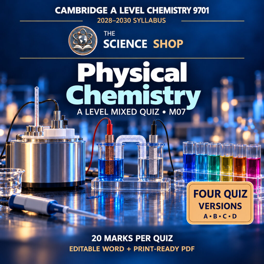 A Level Physical Chemistry Chemistry 9701 M07 cover: four original quiz versions, Science Shop branding.