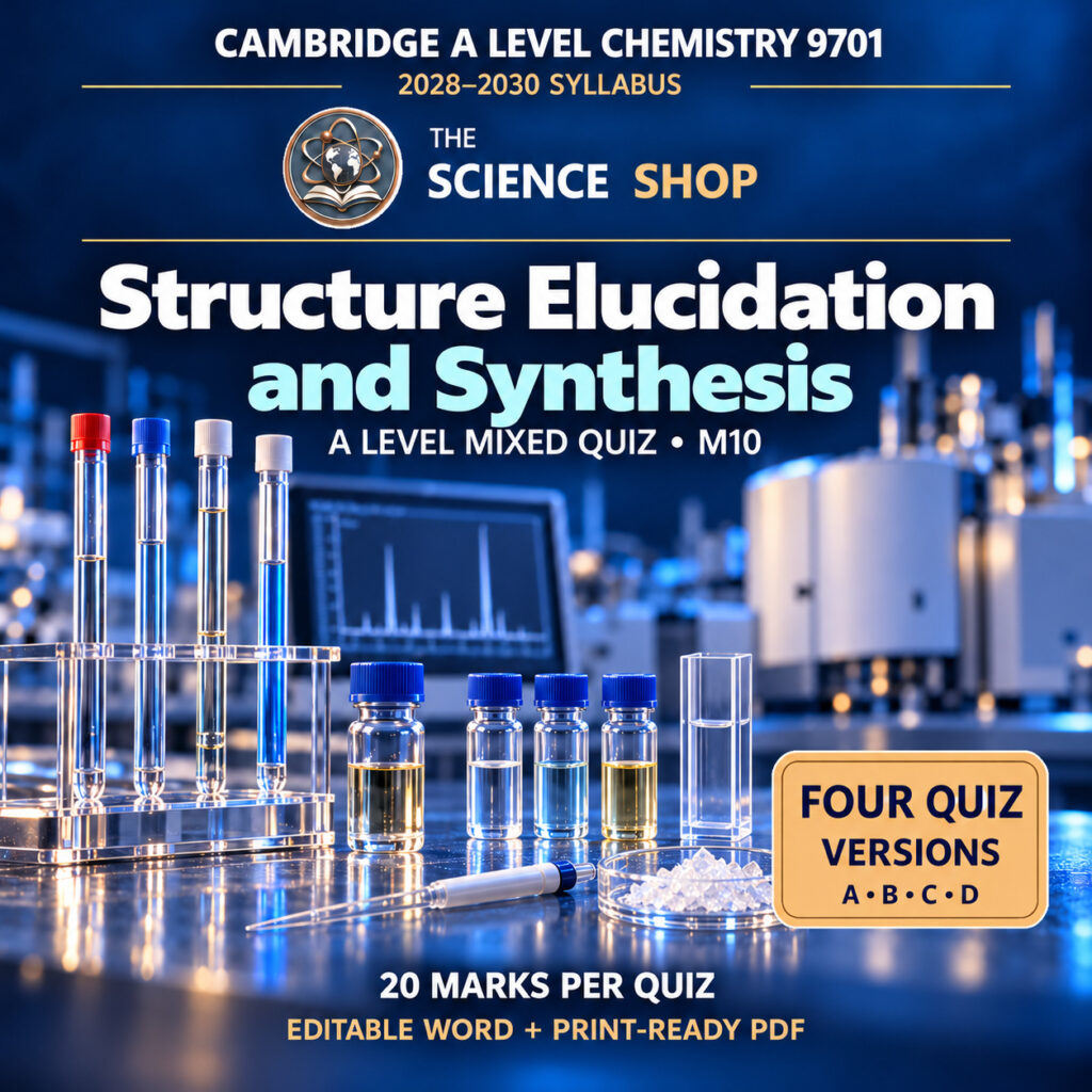 Structure Elucidation and Synthesis Chemistry 9701 M10 cover: four original quiz versions, Science Shop branding.