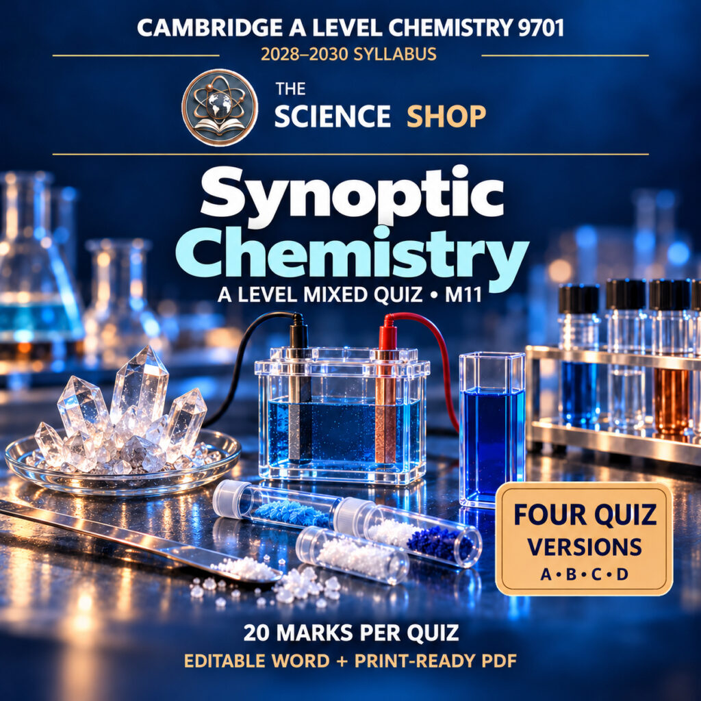 A Level Synoptic Chemistry Chemistry 9701 M11 cover: four original quiz versions, Science Shop branding.