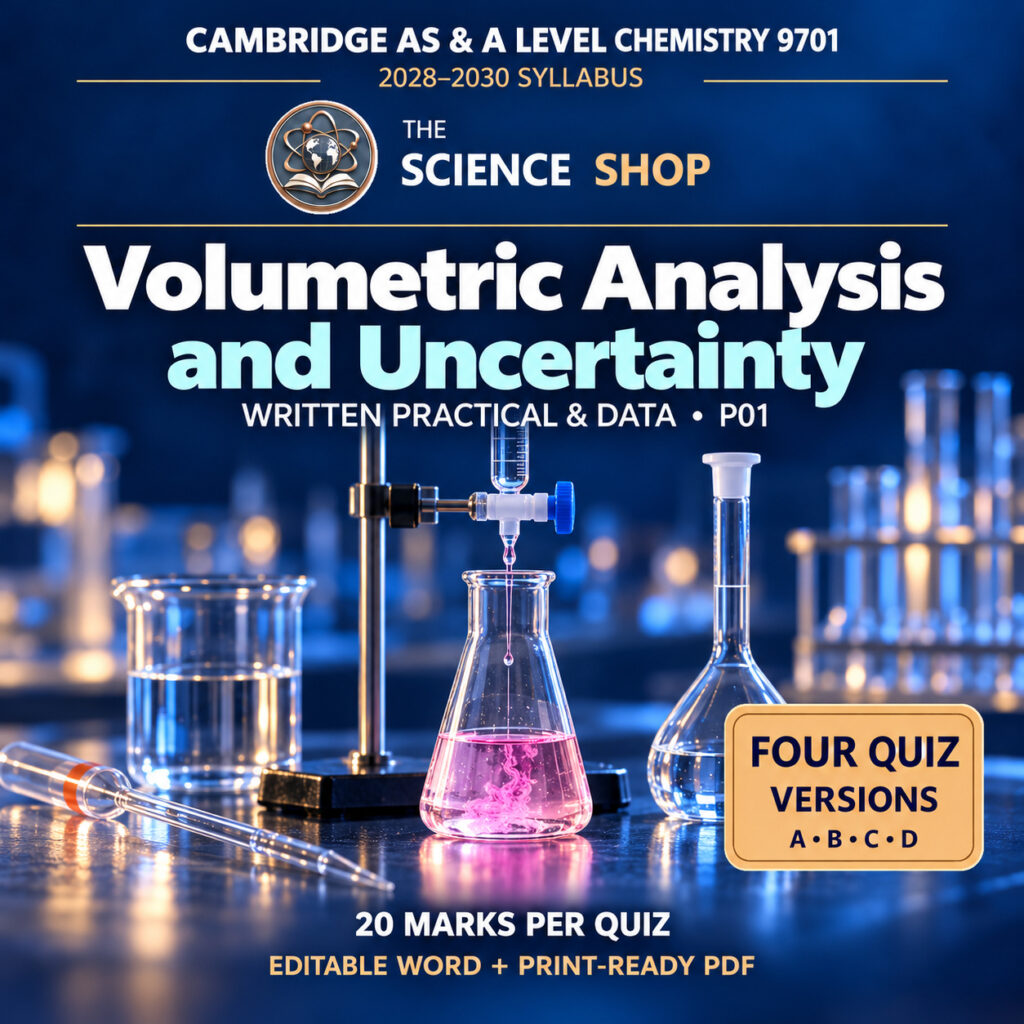 Volumetric Analysis and Uncertainty Chemistry 9701 P01 cover: four original quiz versions, Science Shop branding.