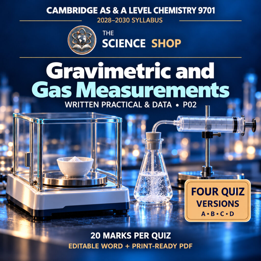 Gravimetric and Gas Measurements Chemistry 9701 P02 cover: four original quiz versions, Science Shop branding.
