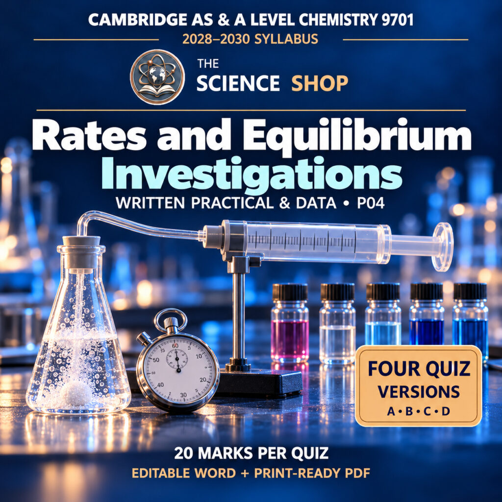 Rates and Equilibrium Investigations Chemistry 9701 P04 cover: four original quiz versions, Science Shop branding.