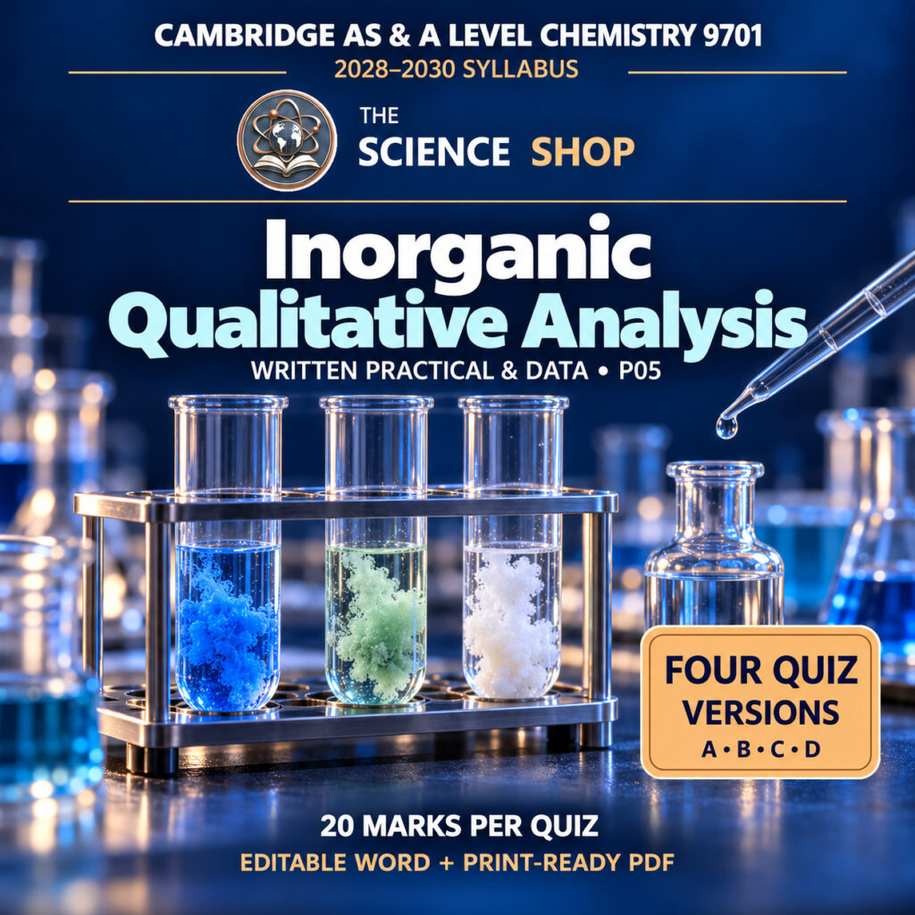 Inorganic Qualitative Analysis Chemistry 9701 P05 cover: four original quiz versions, Science Shop branding.