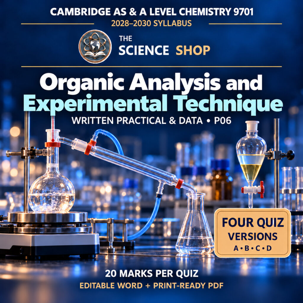 Organic Analysis and Experimental Technique Chemistry 9701 P06 cover: four original quiz versions, Science Shop branding.