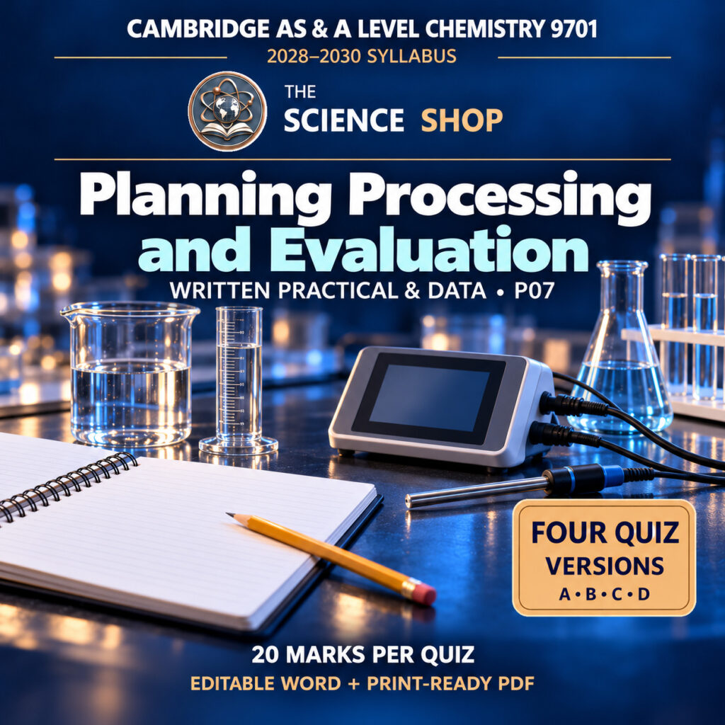 Planning Processing and Evaluation Chemistry 9701 P07 cover: four original quiz versions, Science Shop branding.