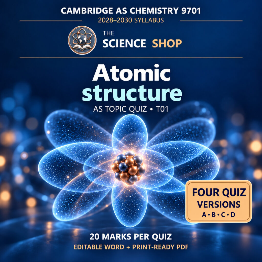 Atomic structure Chemistry 9701 T01 cover: four original quiz versions, Science Shop branding.