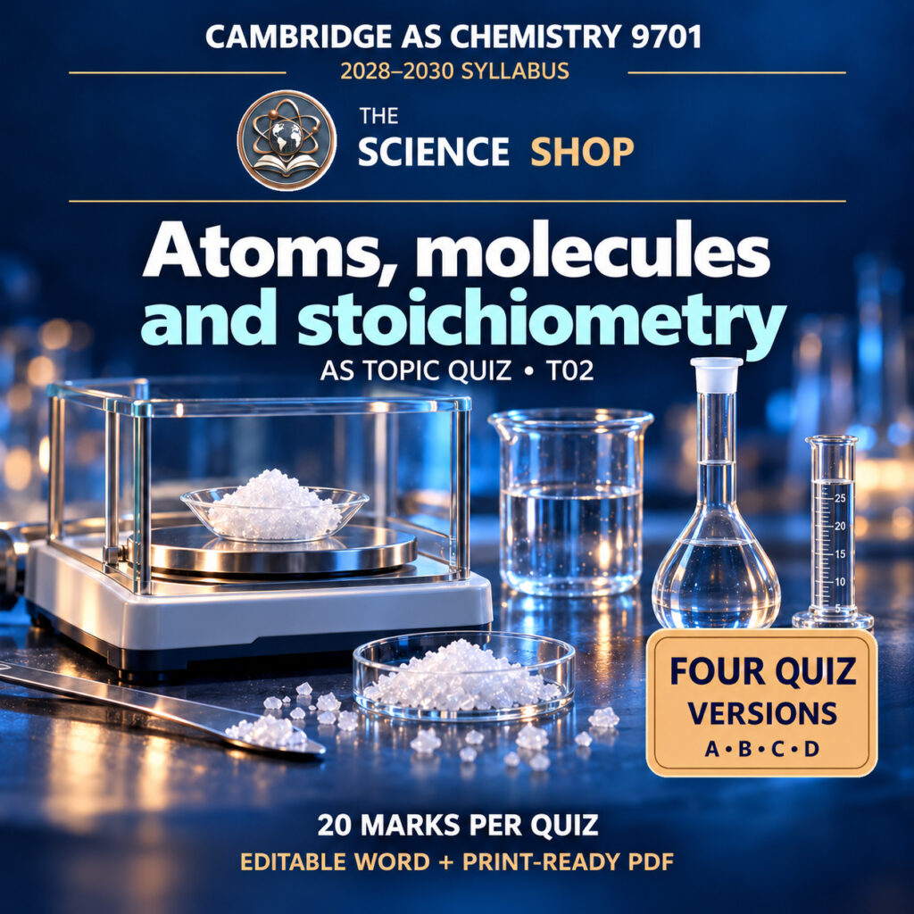Atoms, molecules and stoichiometry Chemistry 9701 T02 cover: four original quiz versions, Science Shop branding.