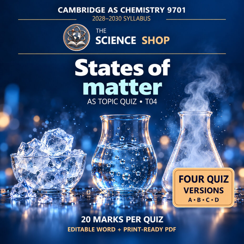 States of matter Chemistry 9701 T04 cover: four original quiz versions, Science Shop branding.