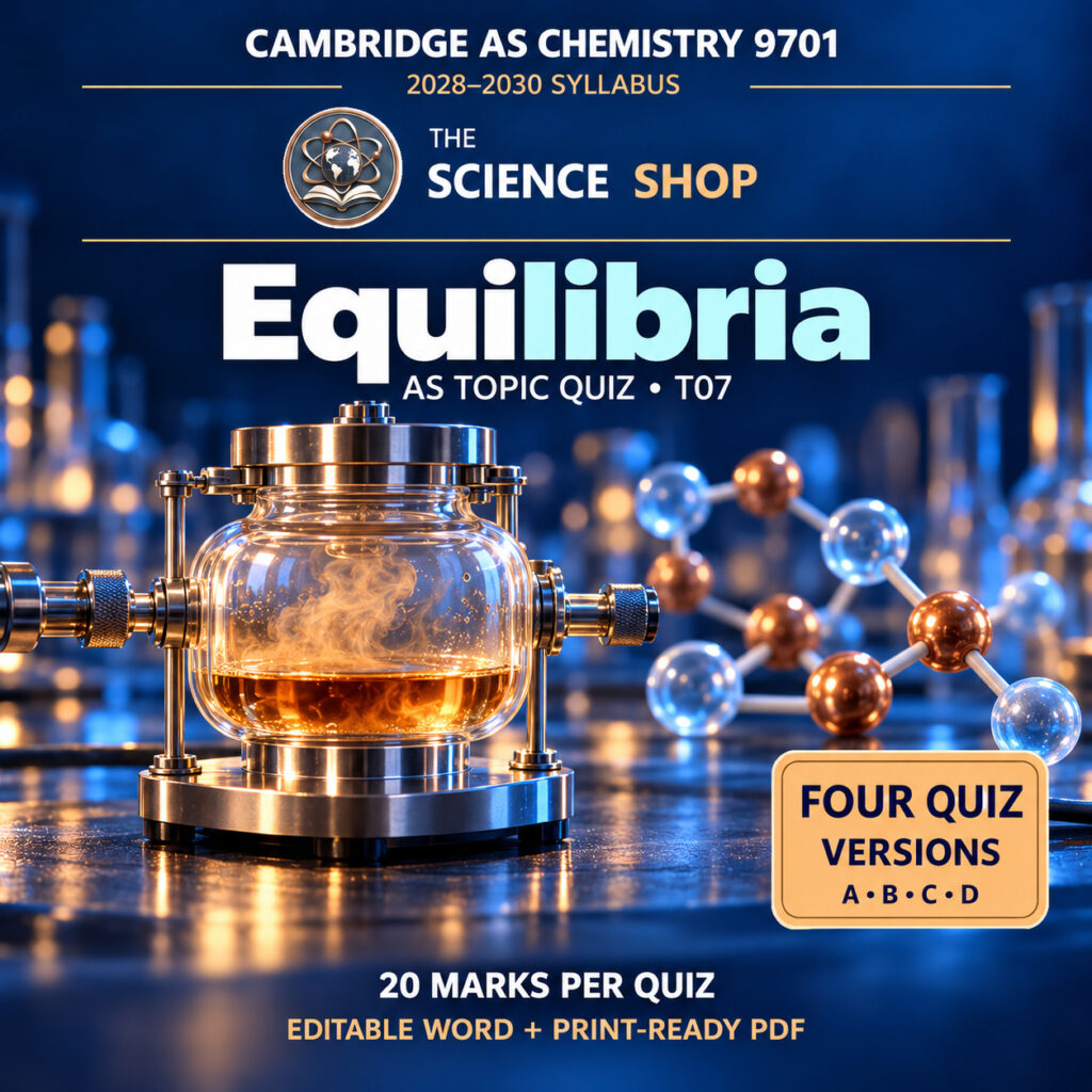 Equilibria Chemistry 9701 T07 cover: four original quiz versions, Science Shop branding.