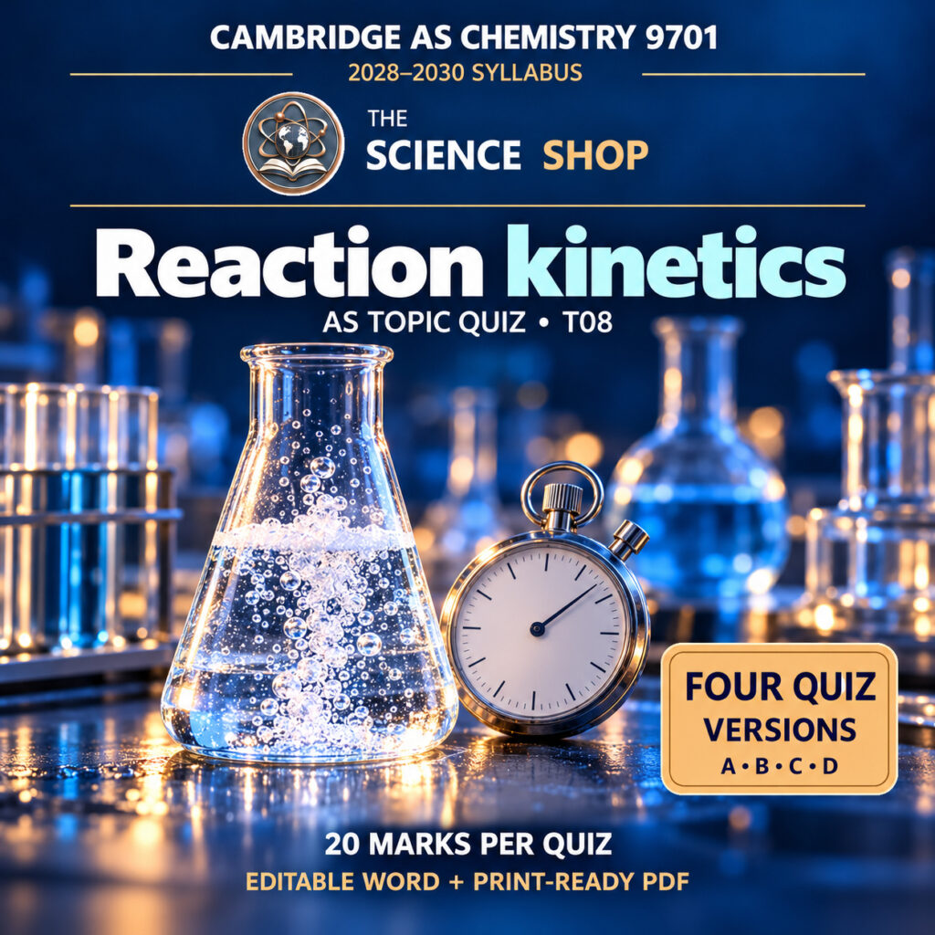 Reaction kinetics Chemistry 9701 T08 cover: four original quiz versions, Science Shop branding.
