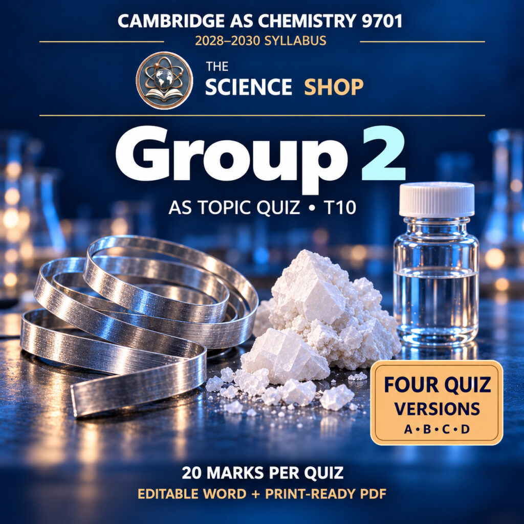 Group 2 Chemistry 9701 T10 cover: four original quiz versions, Science Shop branding.