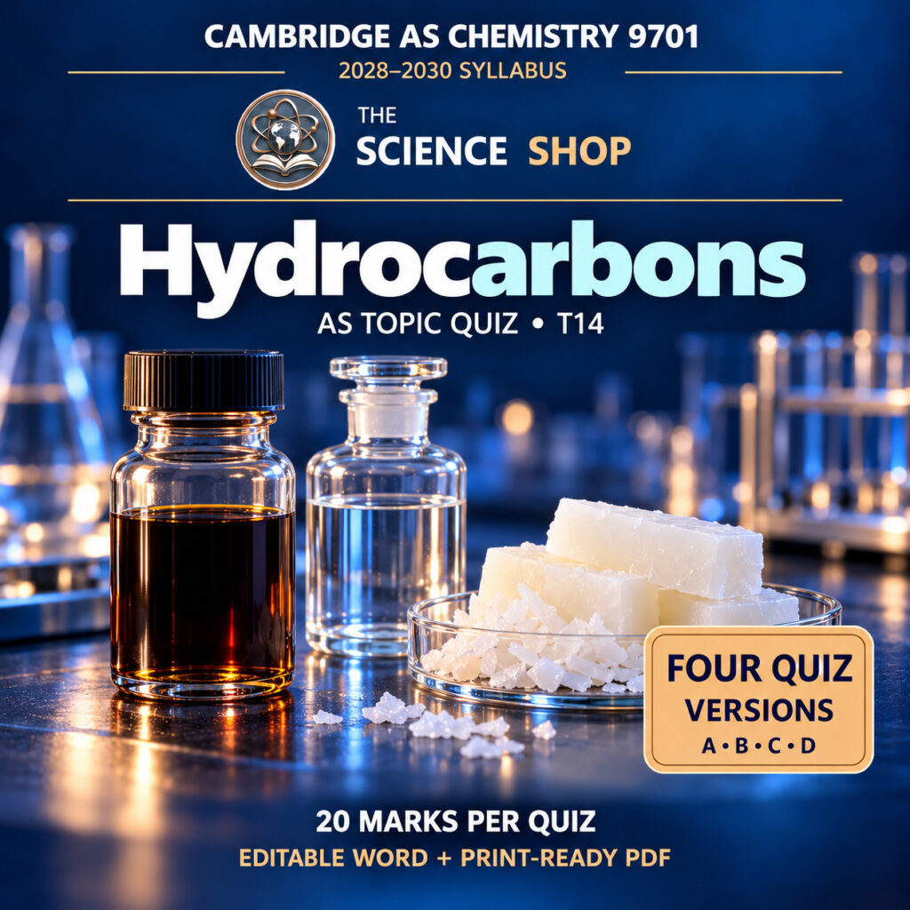 Hydrocarbons Chemistry 9701 T14 cover: four original quiz versions, Science Shop branding.