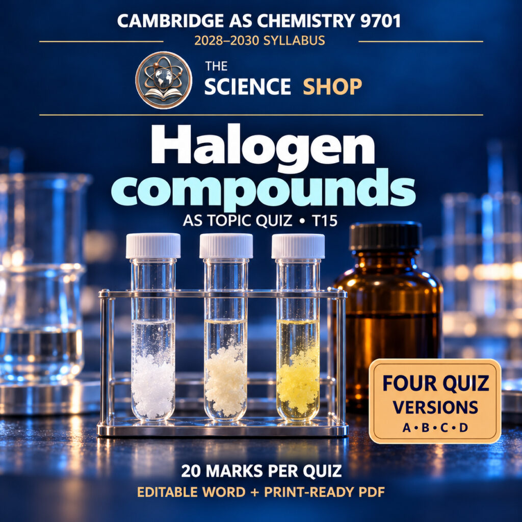 Halogen compounds Chemistry 9701 T15 cover: four original quiz versions, Science Shop branding.