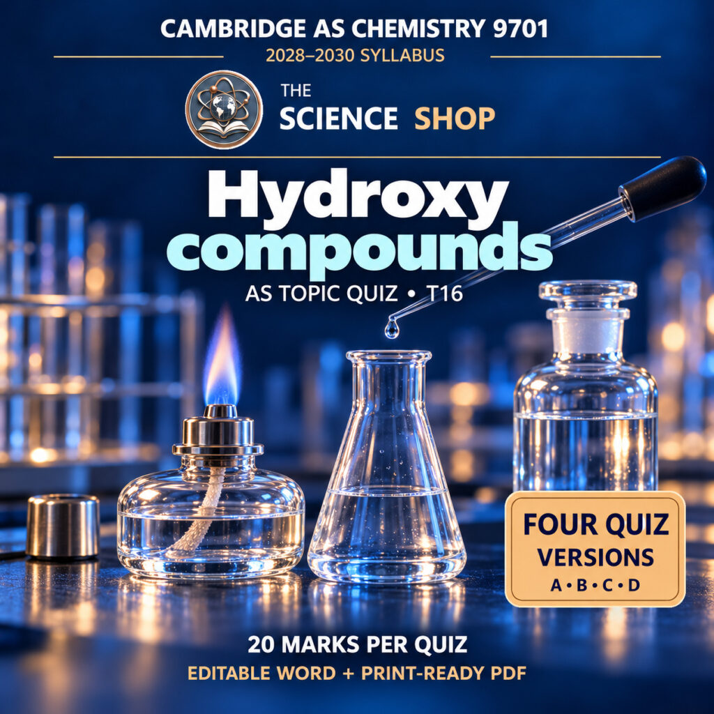Hydroxy compounds Chemistry 9701 T16 cover: four original quiz versions, Science Shop branding.