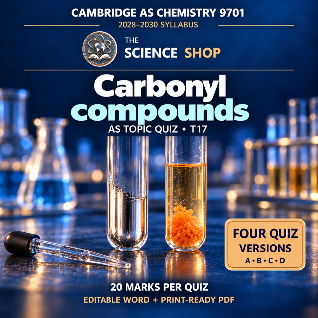 Carbonyl compounds Chemistry 9701 T17 cover: four original quiz versions, Science Shop branding.