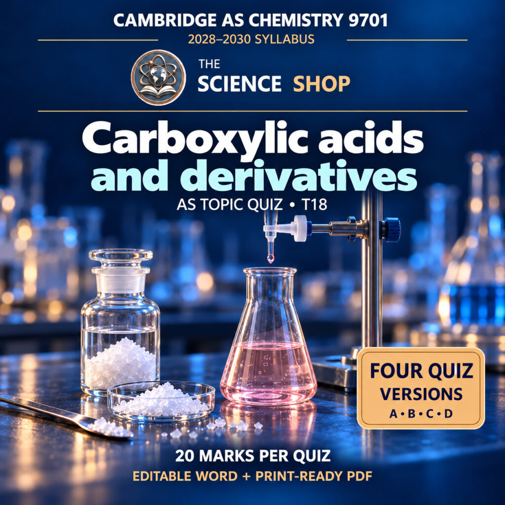 Carboxylic acids and derivatives Chemistry 9701 T18 cover: four original quiz versions, Science Shop branding.
