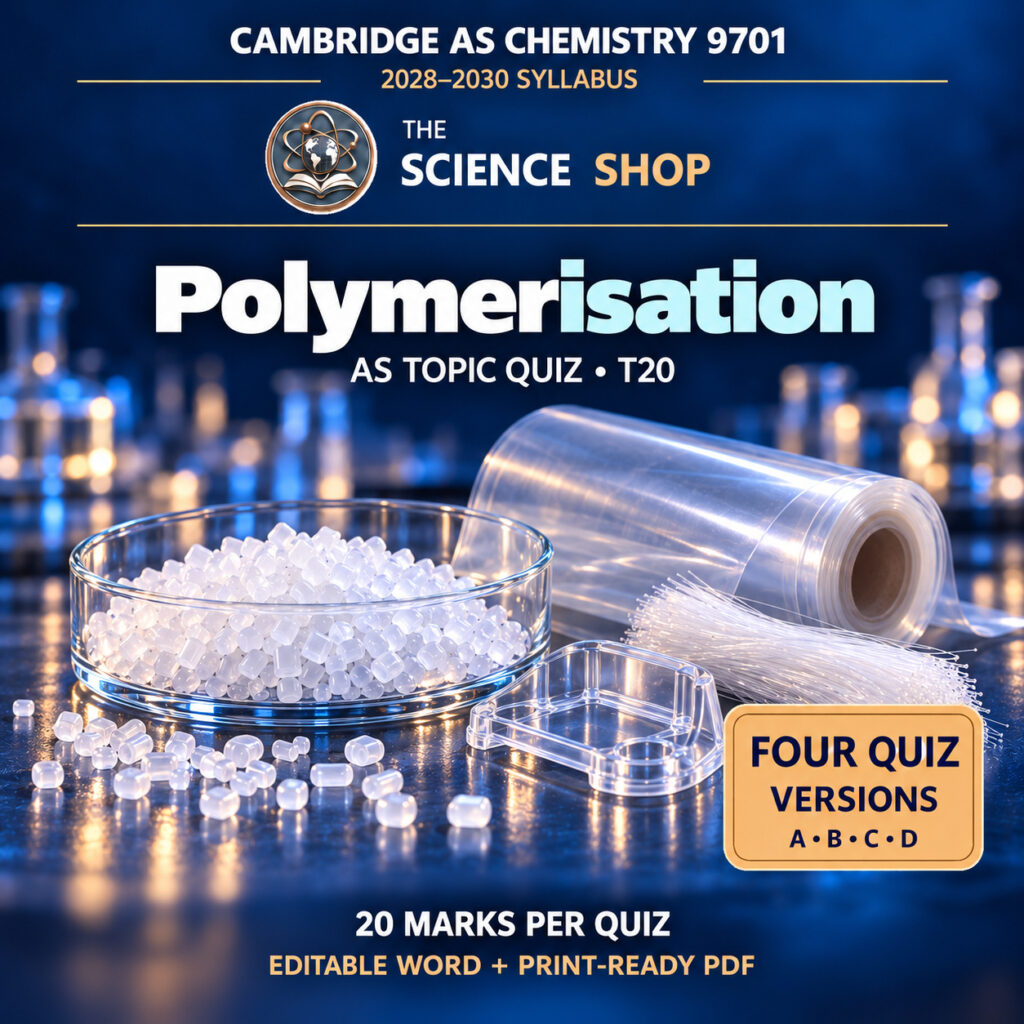 Polymerisation Chemistry 9701 T20 cover: four original quiz versions, Science Shop branding.