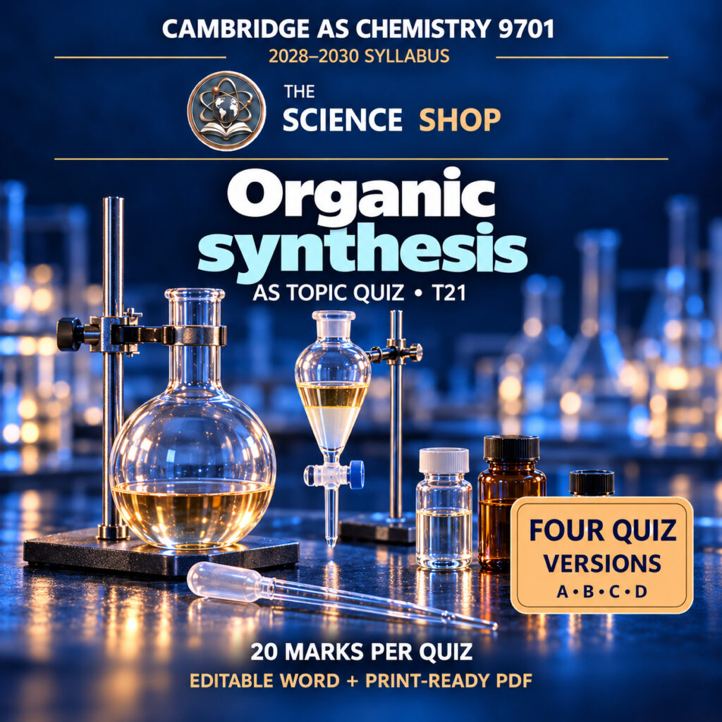 Organic synthesis Chemistry 9701 T21 cover: four original quiz versions, Science Shop branding.