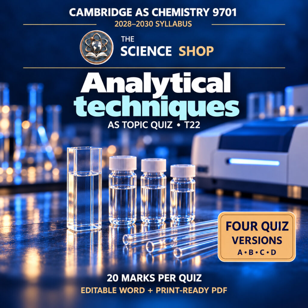 Analytical techniques Chemistry 9701 T22 cover: four original quiz versions, Science Shop branding.