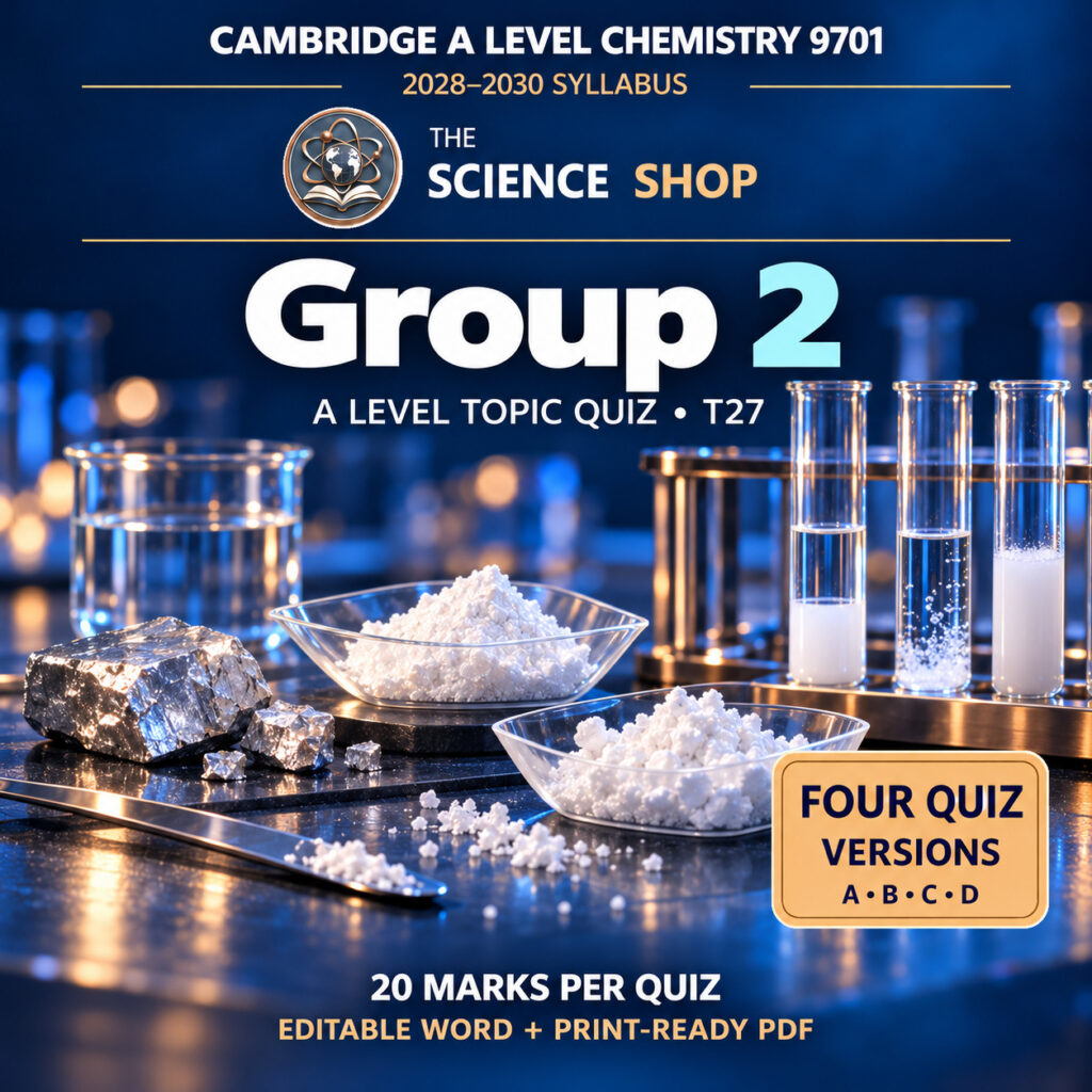 Group 2 Chemistry 9701 T27 cover: four original quiz versions, Science Shop branding.