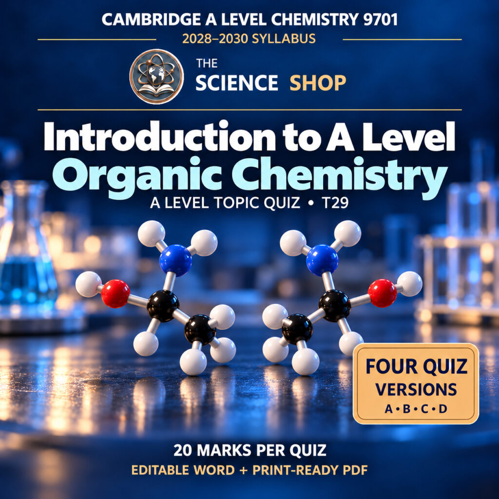 An introduction to A Level organic chemistry Chemistry 9701 T29 cover: four original quiz versions, Science Shop branding.