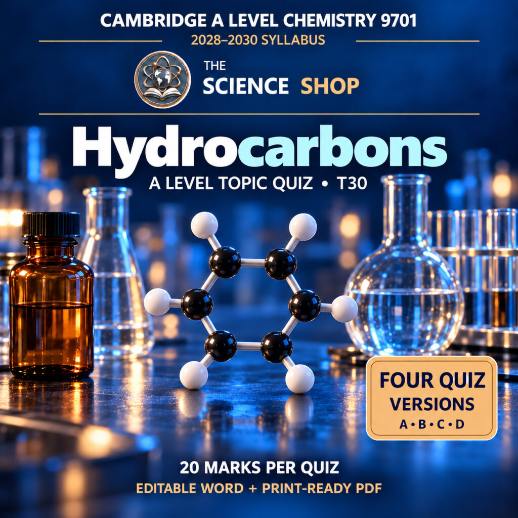 Hydrocarbons Chemistry 9701 T30 cover: four original quiz versions, Science Shop branding.