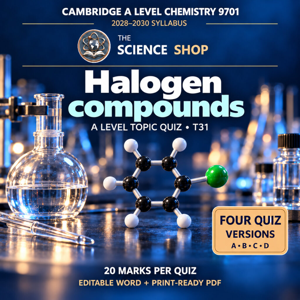 Halogen compounds Chemistry 9701 T31 cover: four original quiz versions, Science Shop branding.