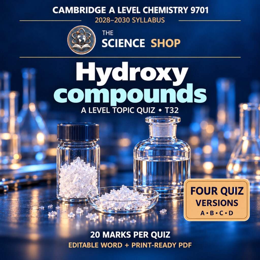 Hydroxy compounds Chemistry 9701 T32 cover: four original quiz versions, Science Shop branding.