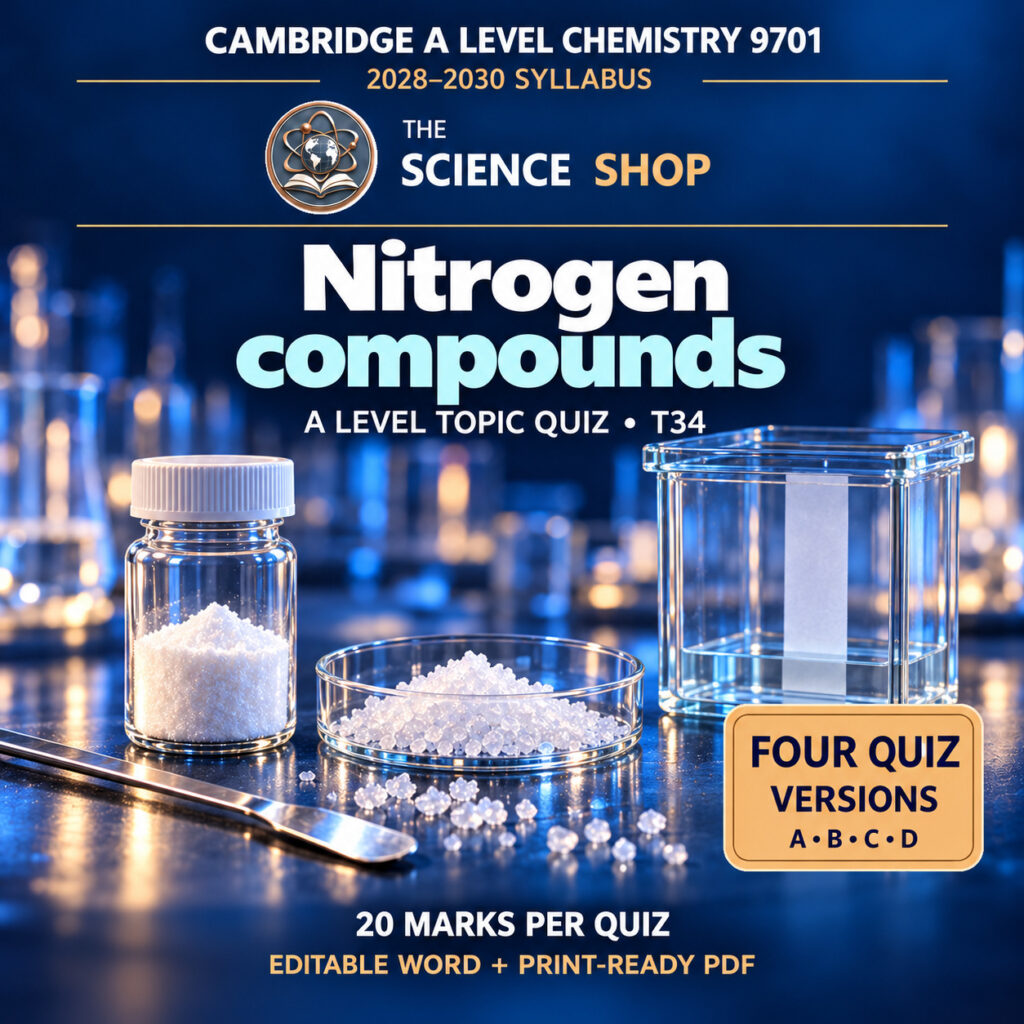 Nitrogen compounds Chemistry 9701 T34 cover: four original quiz versions, Science Shop branding.