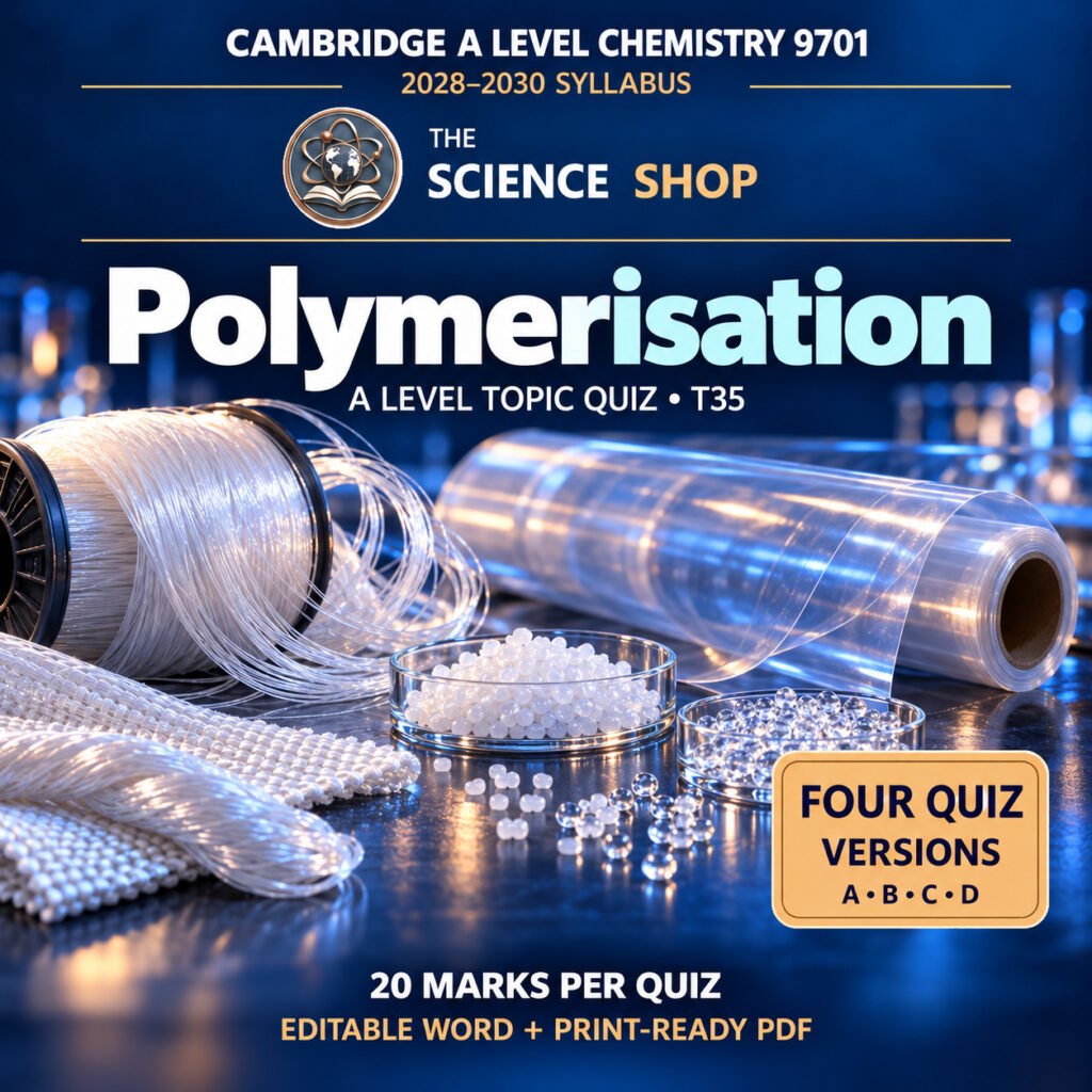 Polymerisation Chemistry 9701 T35 cover: four original quiz versions, Science Shop branding.