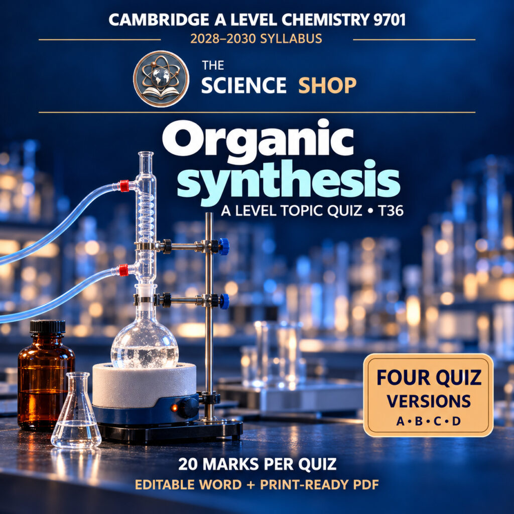 Organic synthesis Chemistry 9701 T36 cover: four original quiz versions, Science Shop branding.