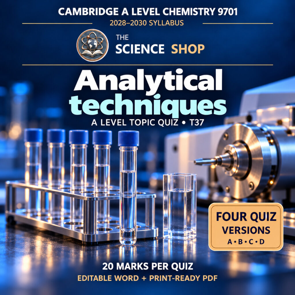 Analytical techniques Chemistry 9701 T37 cover: four original quiz versions, Science Shop branding.